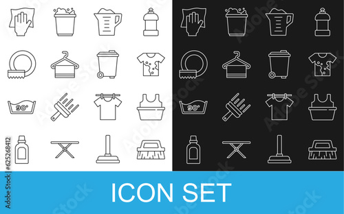 Set line Brush for cleaning, Basin with shirt, Dirty t-shirt, Washing powder, Towel on hanger, dishes, Cleaning service and Trash can icon. Vector