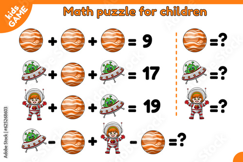 Math game for children. Educational puzzle for school kids. Mathematical exercise for learning algebra. Cartoon planet Jupiter, extraterrestrial and astronaut girl. Vector illustration on space theme.