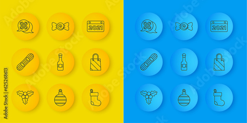 Set line Branch viburnum, Snowboard, Champagne bottle, Christmas stocking, shopping bag, Snowflake speech bubble, Calendar and Candy icon. Vector