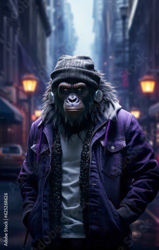 Anthropomorphic gorilla monkey wearing a purple jacket and headphone, walking in downtown city street at night, urban underground retro style and charismatic human attitude