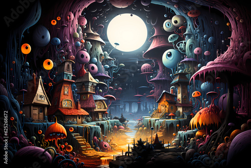 digital art concept of a psychedelic surreal painting of a fairy village with houses and a big moon, created with generative ai