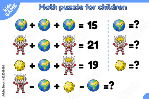 Math game for children. Educational puzzle for preschool and school kids. Counting task for learning algebra. Cartoon planet Earth, Moon and cute astronaut boy. Vector illustrations on space theme.
