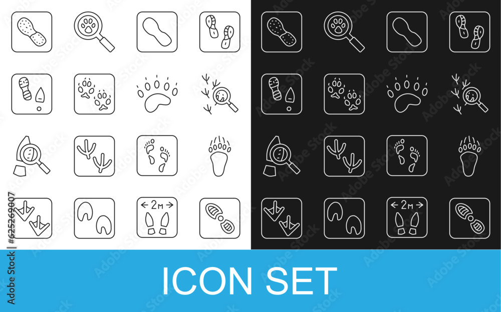 Set line Human footprints shoes, Bear paw, Bird, Fox, and icon. Vector Set line Human footprints shoes, Bear paw, Bird, Fox, and icon. Vector