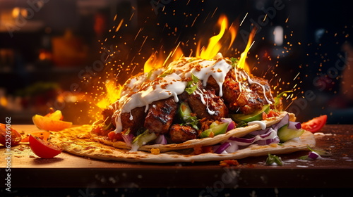 Splash of juicy shawarma with meat,vegetables and fire.Generative AI
