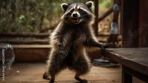 a very cheerful raccoon in the kitchen. AI Generated