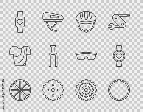 Set line Bicycle wheel, helmet, sprocket crank, Smart watch, fork, cassette and icon. Vector