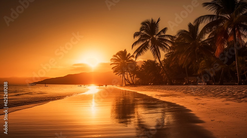 Tropical paradise beach with palm trees at sunset. AI Generated © EwaStudio
