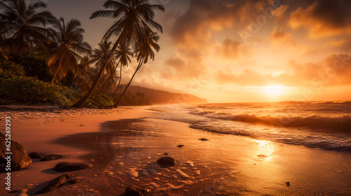 Tropical paradise beach with palm trees at sunset. AI Generated
