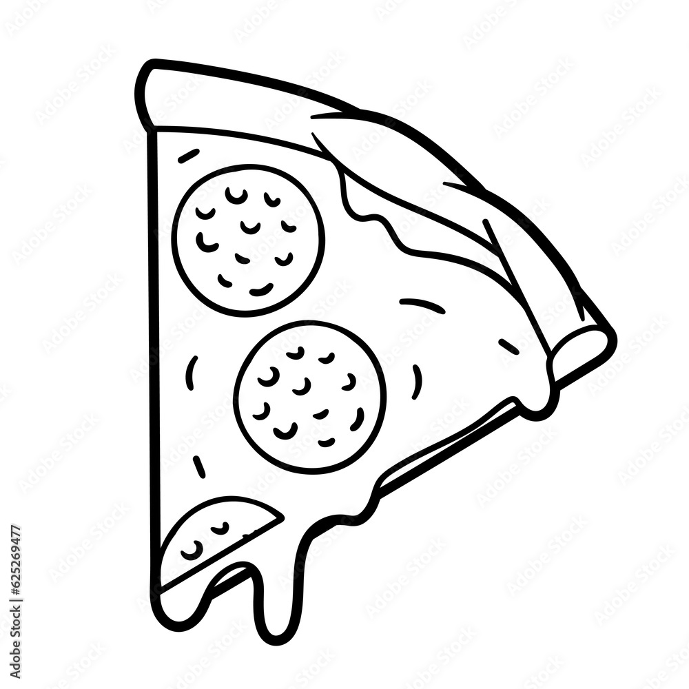 Tasty Italian pizza slice. Delicious fast food meal. Illustration for cafe menu.