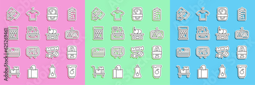 Set line Yogurt container, Fish plastic tray, Identification badge, Meat packaging steak, Cash register machine, Commercial refrigerator, POS terminal and Electronic scales for product icon. Vector