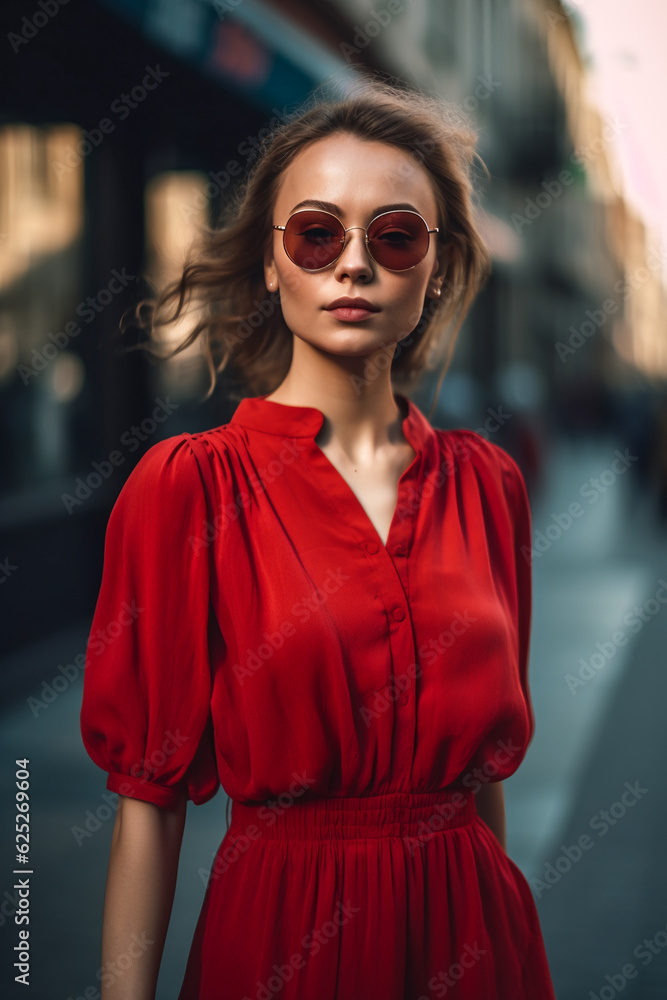 young beautiful caucasian woman in red dress walking in city center. AI Generated young beautiful caucasian woman in red dress walking in city center. AI Generated