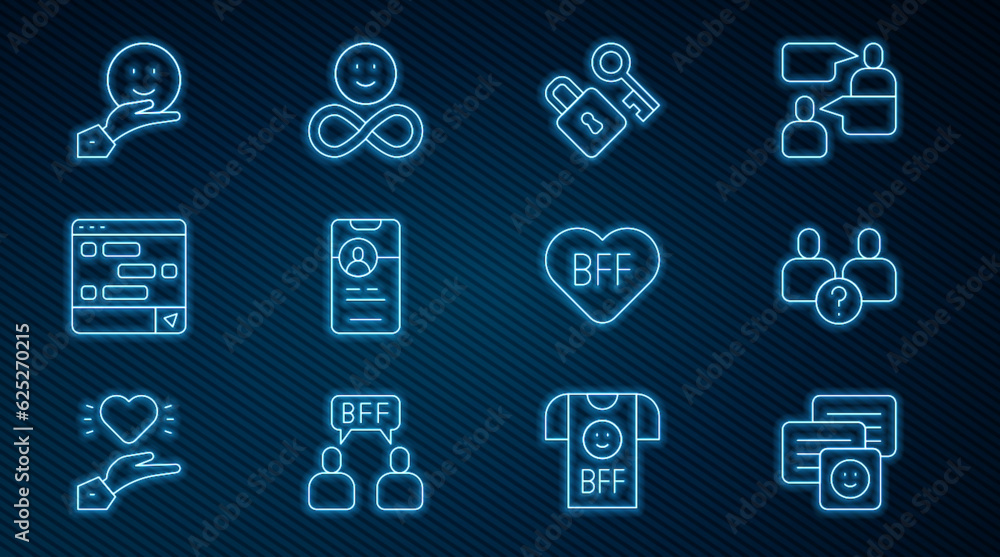 Set line Chat messages on laptop, Complicated relationship, Lock with key, Dating app online, Happy friendship day, BFF or best forever and Friends icon. Vector Set line Chat messages on laptop, Complicated relationship, Lock with key, Dating app online, Happy friendship day, BFF or best forever and Friends icon. Vector