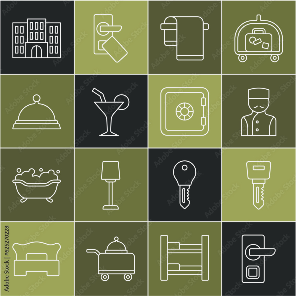 Set line Digital door lock, Hotel key, Concierge, Towel hanger, Cocktail, Covered with tray of food, building and Safe icon. Vector Set line Digital door lock, Hotel key, Concierge, Towel hanger, Cocktail, Covered with tray of food, building and Safe icon. Vector