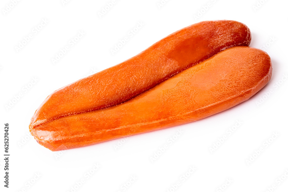 Baffa di bottarga di muggine intera, cibo tradizionale sardo isolato su fondo bianco Baffa di bottarga di muggine intera, cibo tradizionale sardo isolato su fondo bianco