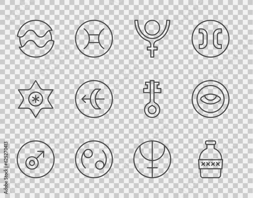 Set line Mars symbol, Bottle of water, Symbol Pluto, Cancer zodiac, Planet, Sagittarius, Neptune planet and Medallion with eye icon. Vector
