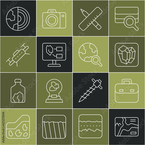 Set line Topographic map, Briefcase, Gem stone, Crossed ruler and pencil, Soil analysis, Drone, Earth core structure crust and Magnifying glass with globe icon. Vector