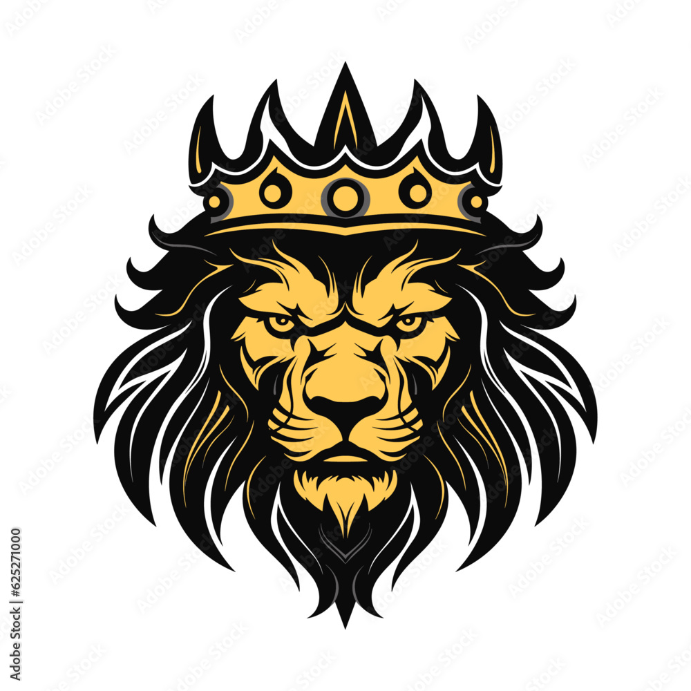 Lion with a crown vector concept digital art hand drawn illustration. Vector Black and White Tattoo King Lion