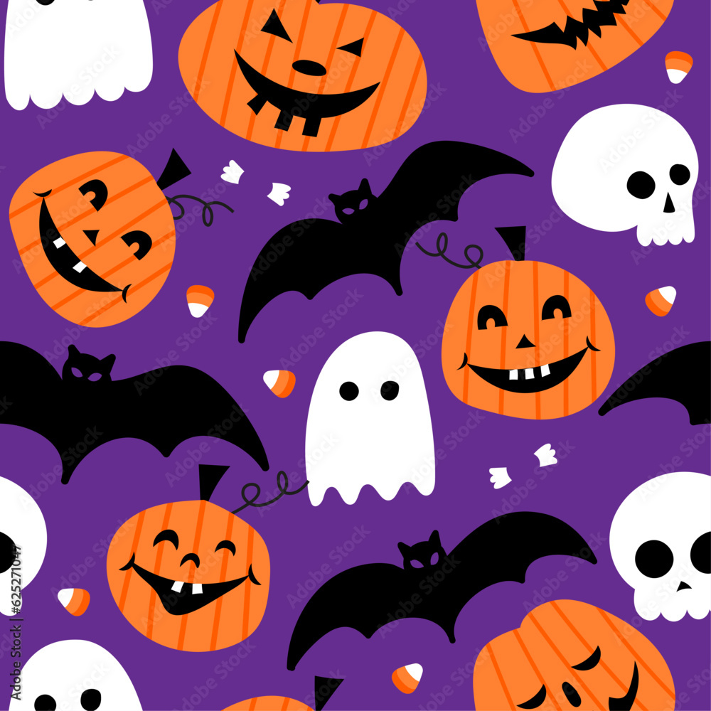 Cute Halloween seamless pattern with spider web, ghosts and pumpkins. Cute doodle design. Jack o lantern set. funny hand drawn doodle, textile graphic design. wallpaper, wrapping paper, background.