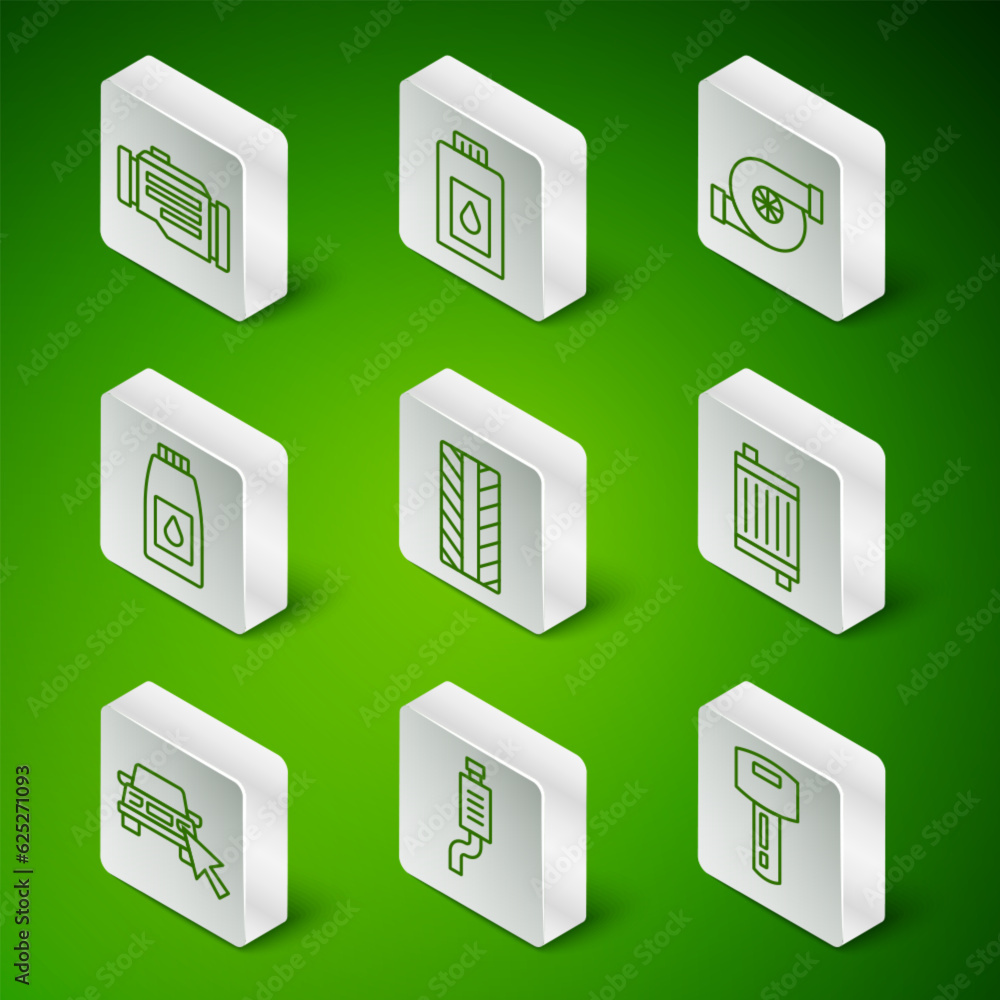 Set line Car key with remote, muffler, Check engine, tire wheel, Canister for motor machine oil, Online car sharing and radiator cooling system icon. Vector Set line Car key with remote, muffler, Check engine, tire wheel, Canister for motor machine oil, Online car sharing and radiator cooling system icon. Vector