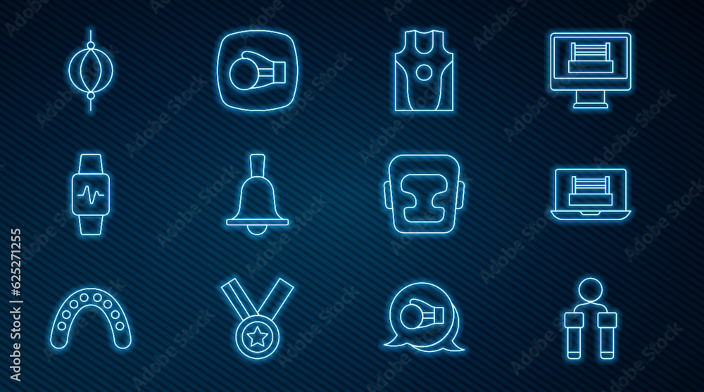 Set line Jump rope, Boxing ring, jersey and t-shirt, bell, Smart watch with heart, Punching bag, helmet and glove icon. Vector