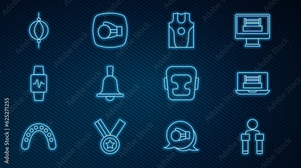 Set line Jump rope, Boxing ring, jersey and t-shirt, bell, Smart watch with heart, Punching bag, helmet and glove icon. Vector Set line Jump rope, Boxing ring, jersey and t-shirt, bell, Smart watch with heart, Punching bag, helmet and glove icon. Vector