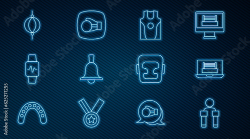 Set line Jump rope, Boxing ring, jersey and t-shirt, bell, Smart watch with heart, Punching bag, helmet and glove icon. Vector