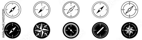 Compass icon. Direction, navigation and collection. Linear and solid icons of compasses in different styles. Set of simple compasses on white background eps10