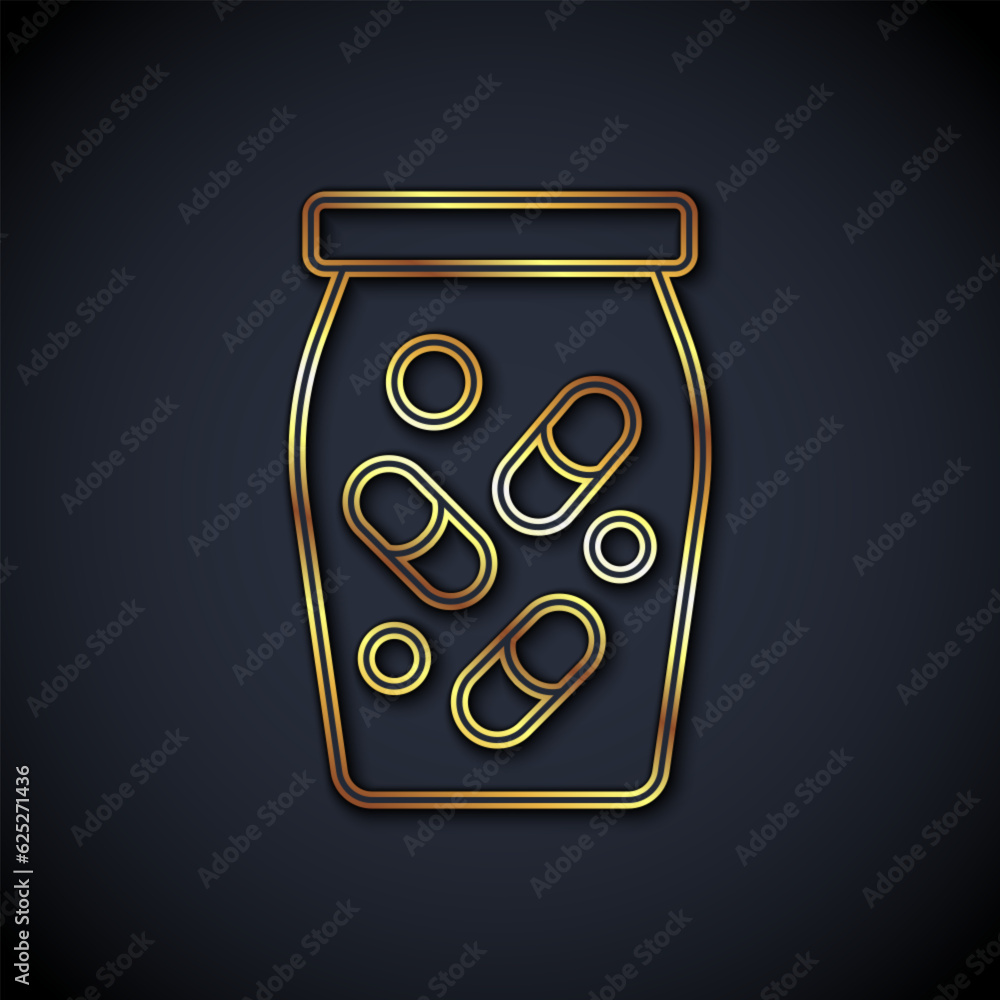 Obraz premium Gold line Medicine bottle and pills icon isolated on black background. Bottle pill sign. Pharmacy design. Vector