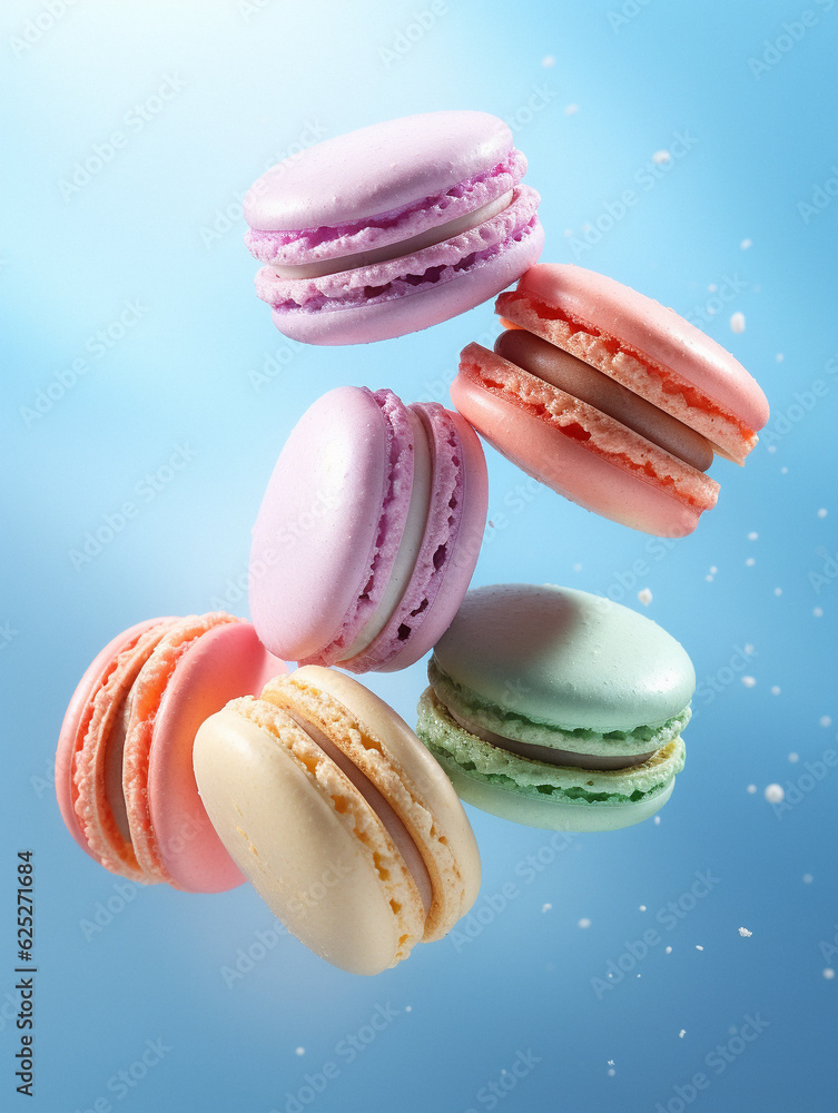 Obraz premium Flying macarons, created with generative AI technology