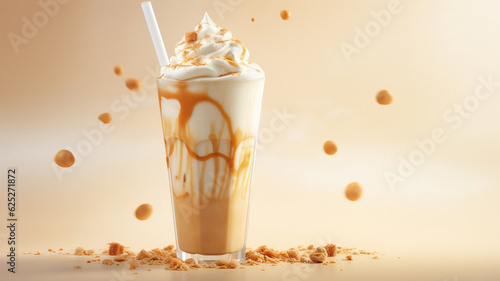Caramel frappee coffee or smoothie, created with generative AI technology