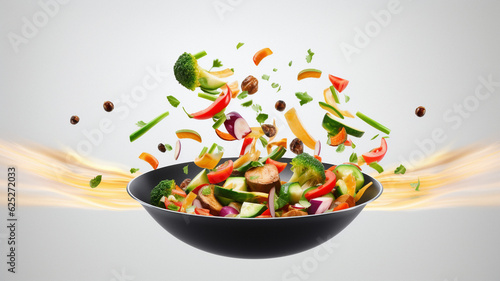 A pan with sauteed ingredients against plain background, created with generative AI technology photo
