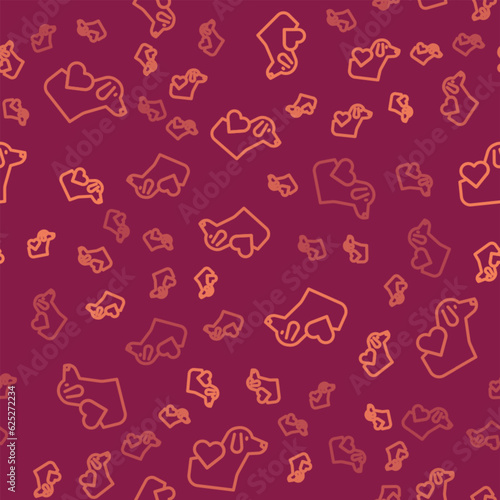 Brown line Heart with dog icon isolated seamless pattern on red background. Pet paw in heart. Love to the animals. Vector