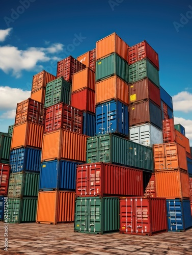 Cargo Containers. Stacked Cargo Containers in Port. Warehouse. Container Loading. Set of Cargo Containers. Logistic Company. Industry and Transportation Concept. Made With Generative AI.  
