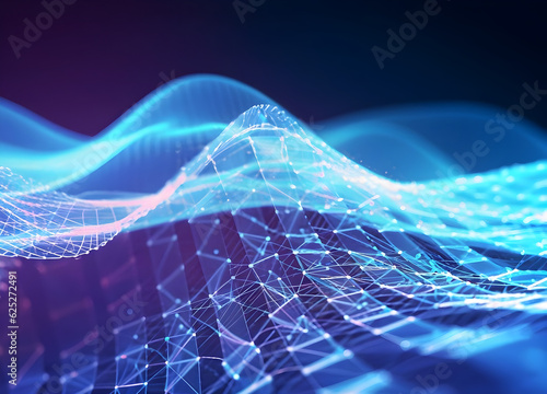 Cyber big data flow. Blockchain data fields. Network line connect stream. Concept of AI technology, digital communication, science research, 3D illustration music waves - ai generative