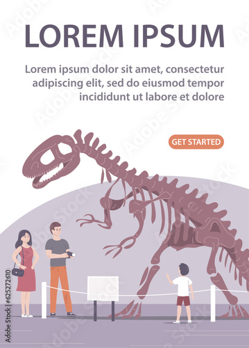 Paleontological museum with dinosaur skeletons. People adults and children on excursions. Archeology and fossil ancient lizards. Flat vector illustration. Design for website, banner