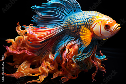 Fototapete Colorful betta fish isolated on black background, cockerel in aquarium close-up,