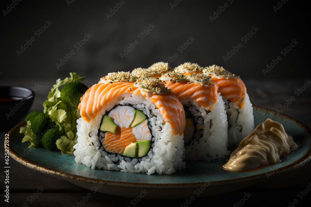 Uramaki California, Sushi under a plate, generative AI Uramaki California, Sushi under a plate, generative AI