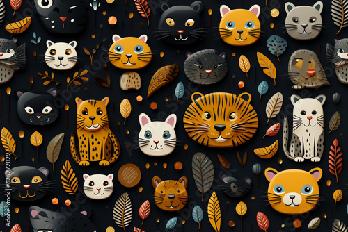 animal pattern, childlike, in orange tones on a dark background, generative AI