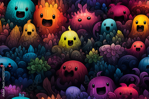 little monsters pattern, childish, colorful, fun on black background, generative AI