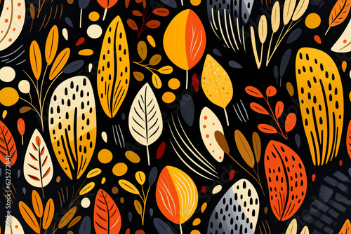 pattern of leaves in orange tones on a dark background, generative AI