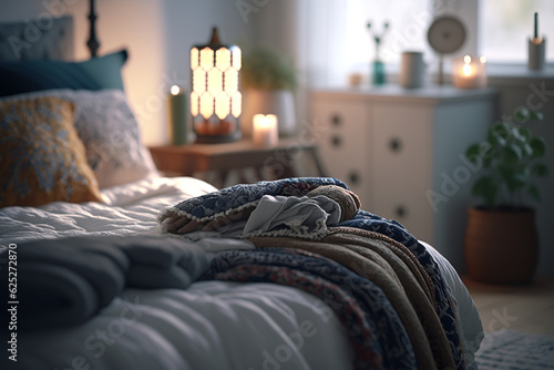 cozy bedroom with modern decorations, plants and light blur, generative AI