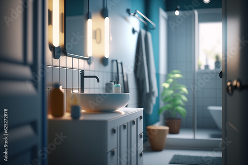 charming bathroom with plants and other modern decorations and with a light blur, generative AI