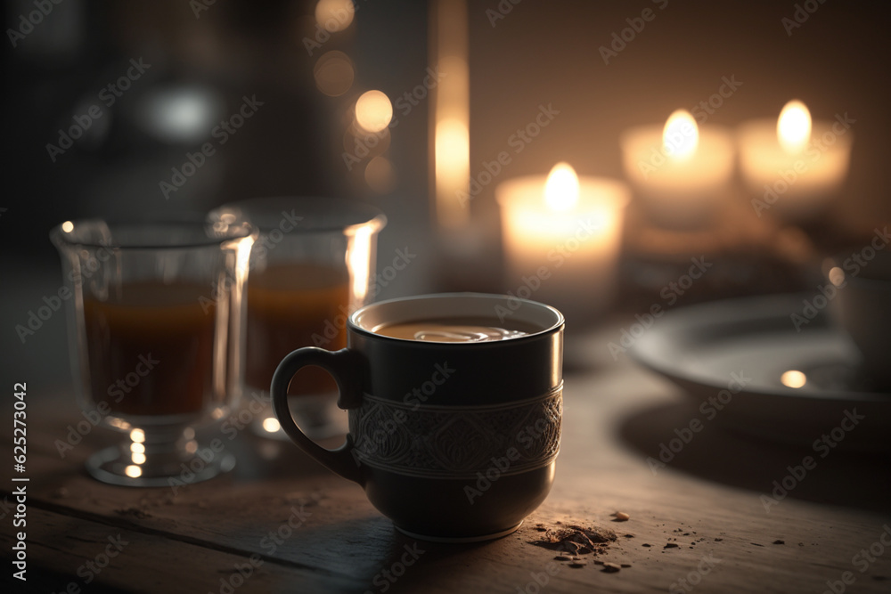 cup of coffee and two cups of cappuccino under a wooden table, generative AI cup of coffee and two cups of cappuccino under a wooden table, generative AI