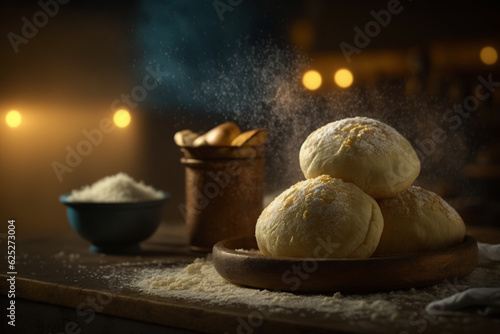 warm and small white bread under a wooden table, generative AI