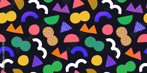 Colorful 90s style geometric shape seamless pattern. Trendy flat cartoon illustration background with retro decoration. Nostalgic zig zag lines, triangle element wallpaper, 80s fashion texture print.