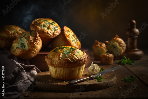 small leek quiche under a wooden table, generative AI