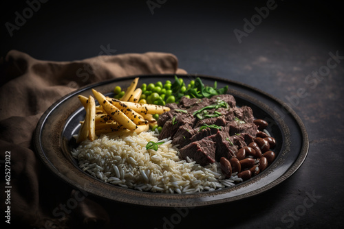 dish with feijoada, potato sticks, peas and rice, generative AI