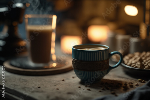 coffee cup and cappuccino cup under wooden table, generative AI