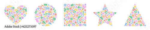 Fun colorful line doodle shape set. Creative minimalist style art symbol collection for children or party celebration with basic shapes. Simple upbeat childish drawing scribble decoration.