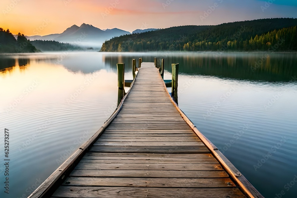 Naklejka premium Brown Wooden Dock on River Created Using AI tool